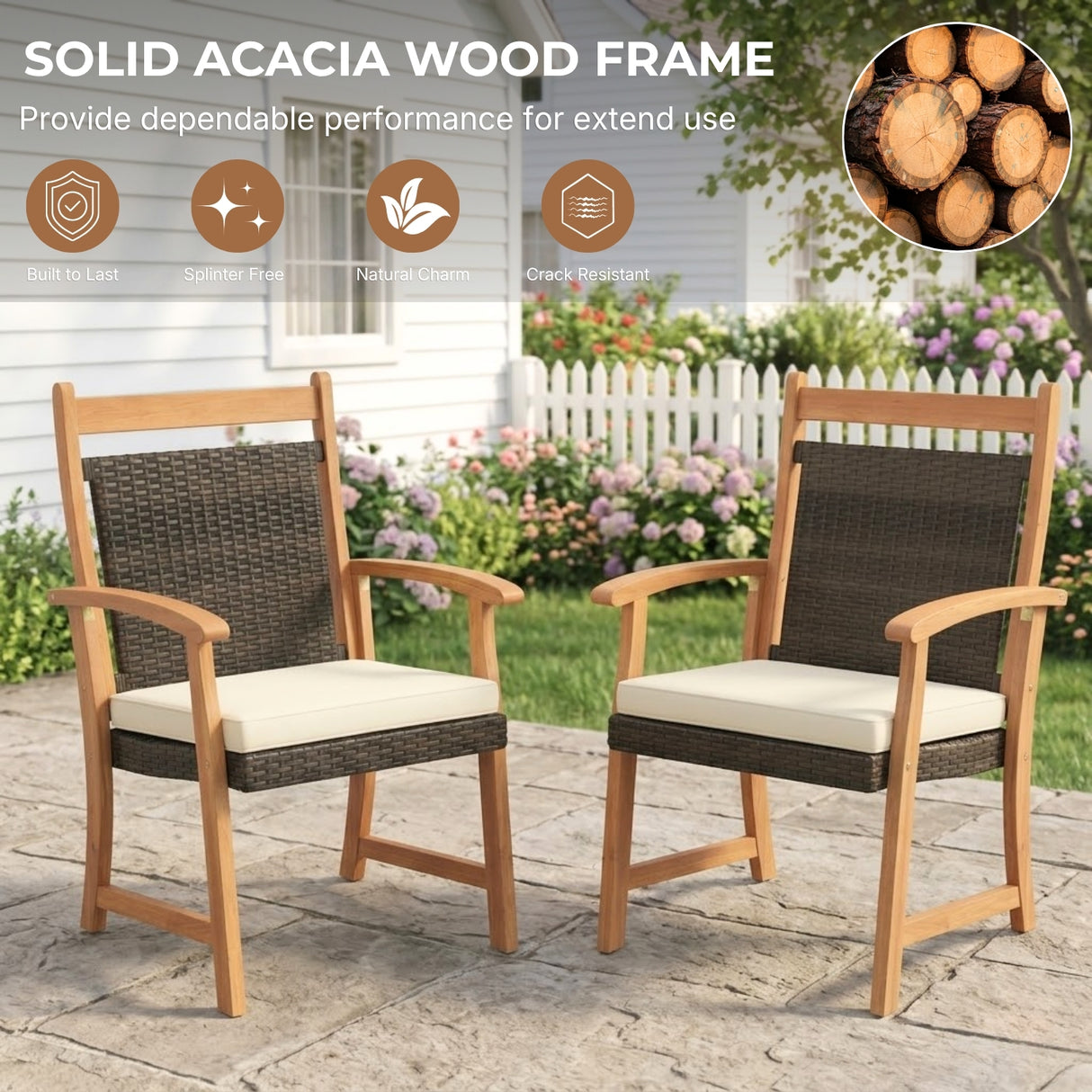 Outdoor Wicker Patio Conversation Set with Acacia Wood Frame & Center Table