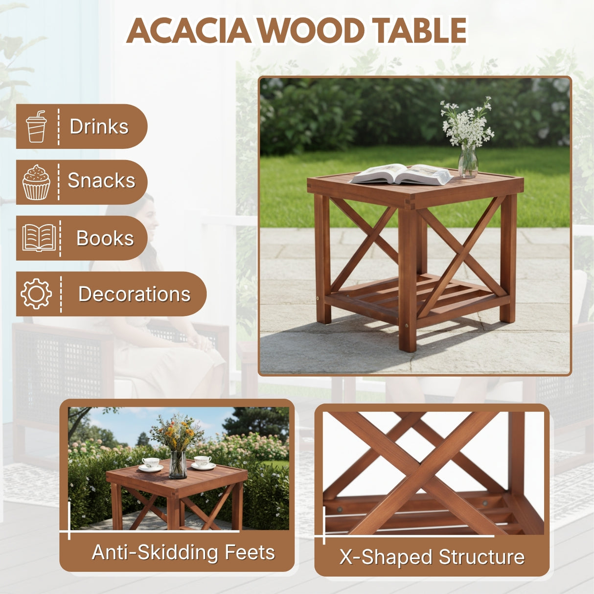 Outdoor Wicker 3-Piece Patio Furniture Set with Solid Wooden Frames (Dark Brown & White)