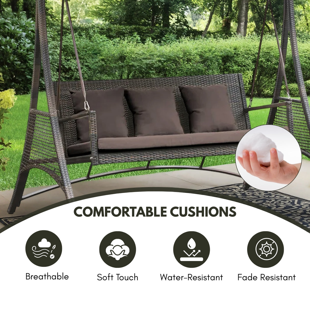 Outdoor Rattan Wicker 3-Seat Patio Swing Chair with Shade