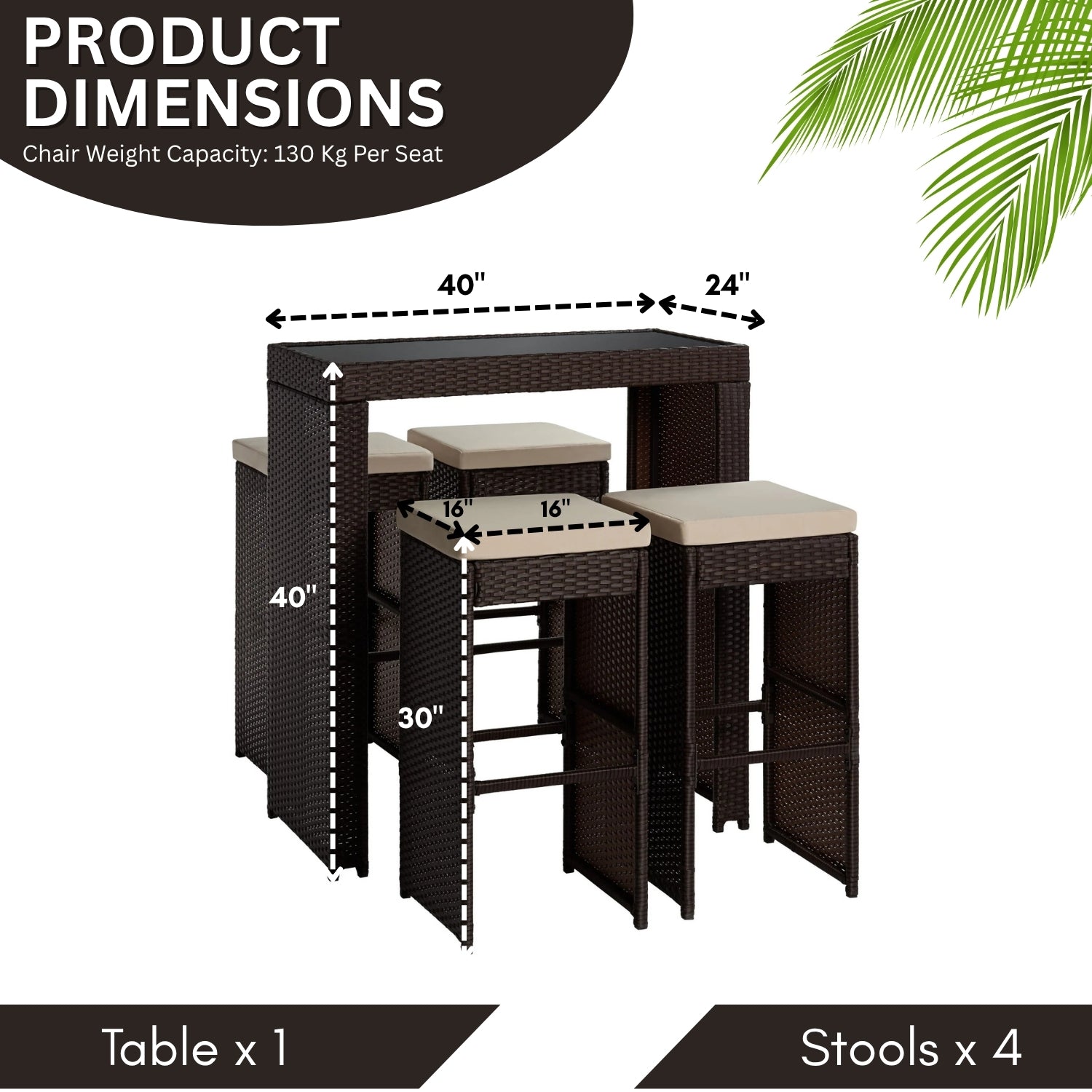 5-Piece Outdoor Rattan Wicker Bar Set with Glass Top Table