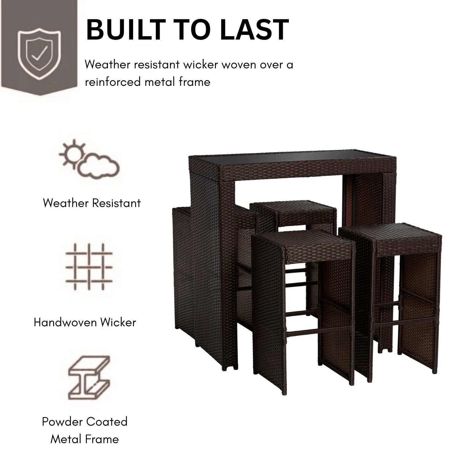 5-Piece Outdoor Rattan Wicker Bar Set with Glass Top Table