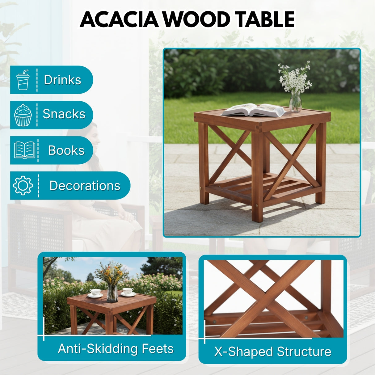 Outdoor Wicker 3-Piece Patio Furniture Set with Solid Wooden Frames (Dark Brown & Sky-Blue)