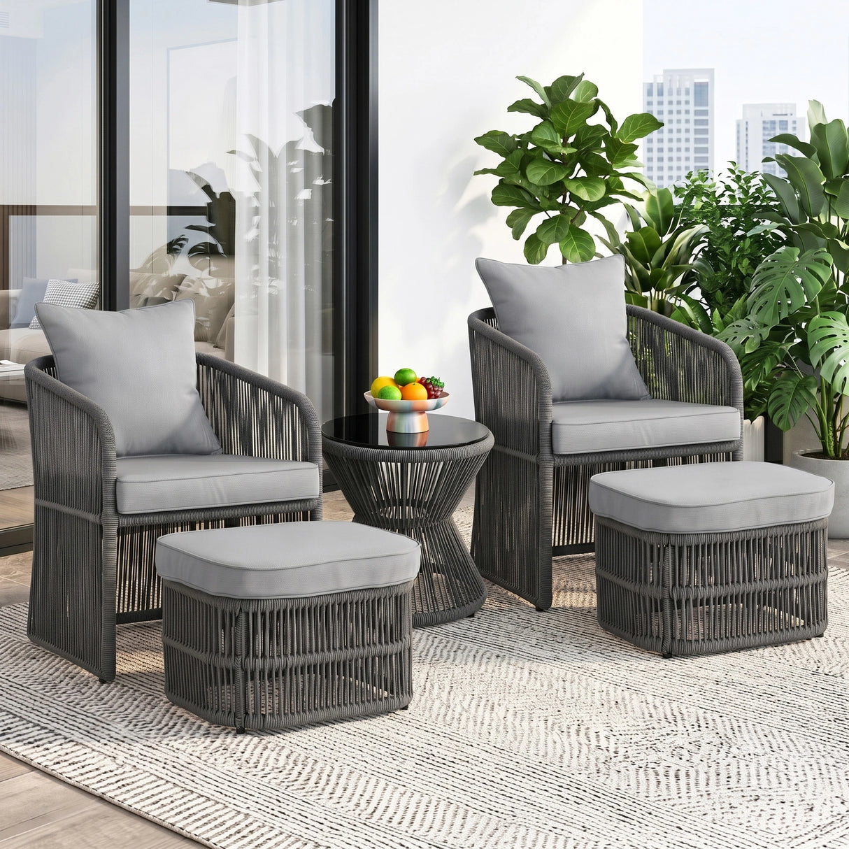 Outdoor 5 Piece Rope Patio Chair Ottoman Set (Grey)