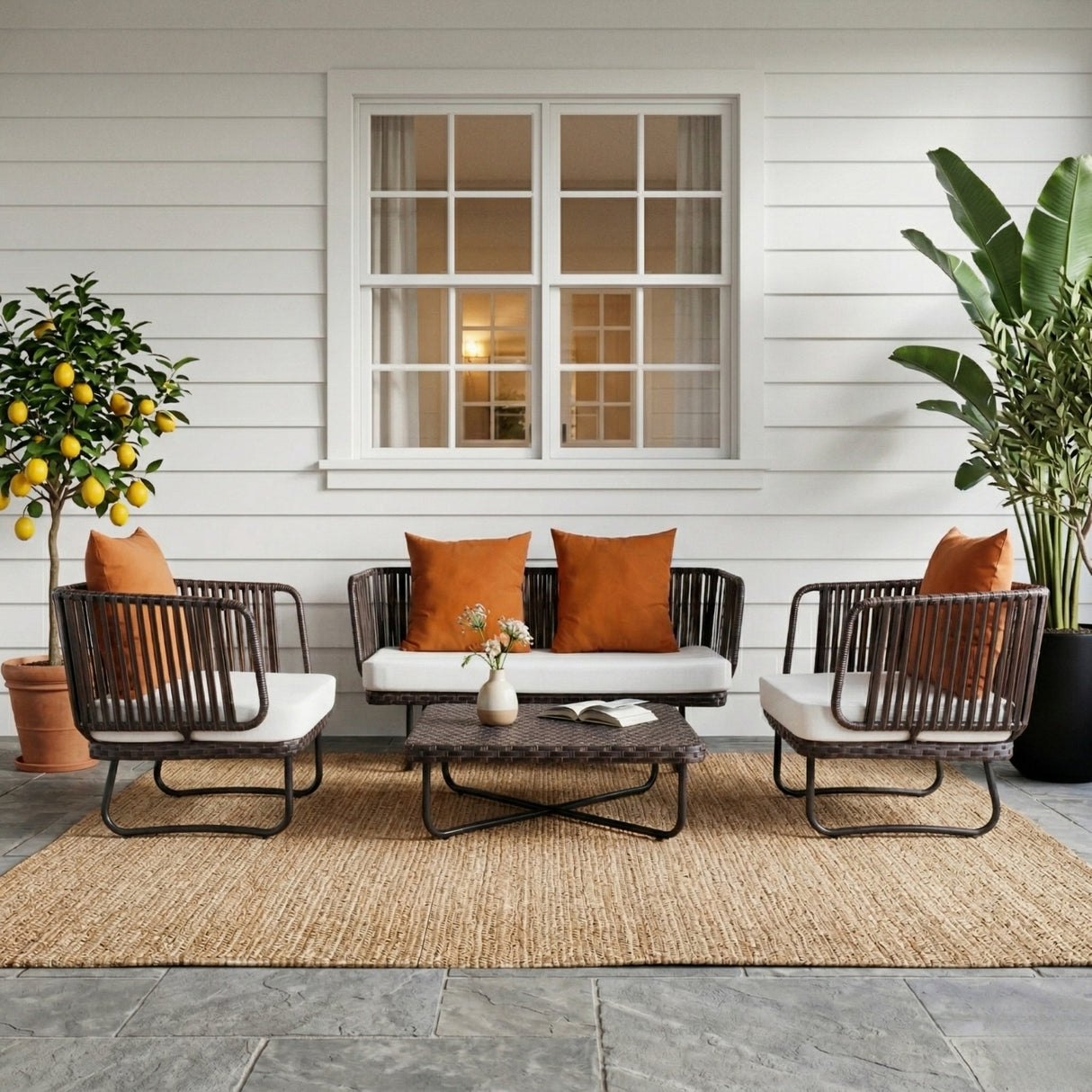 Outdoor Rope 4-Piece Patio Sofa Set with Wicker Top Table (Brown & White)