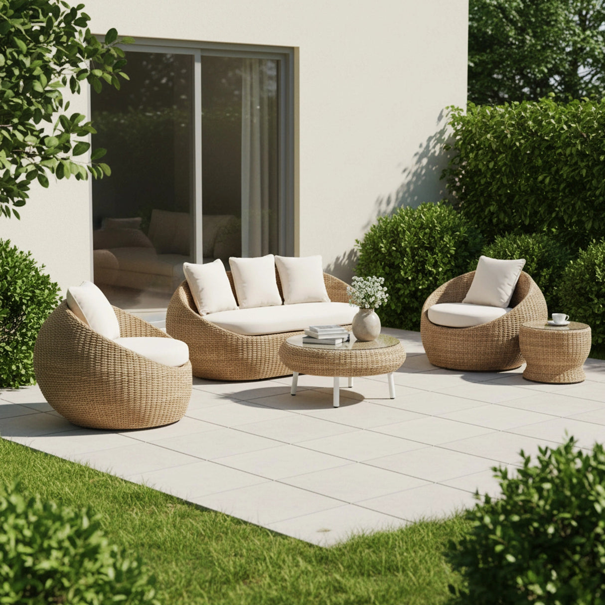 Outdoor Wicker 5-Seater Sofa Set With Glass Top Tables