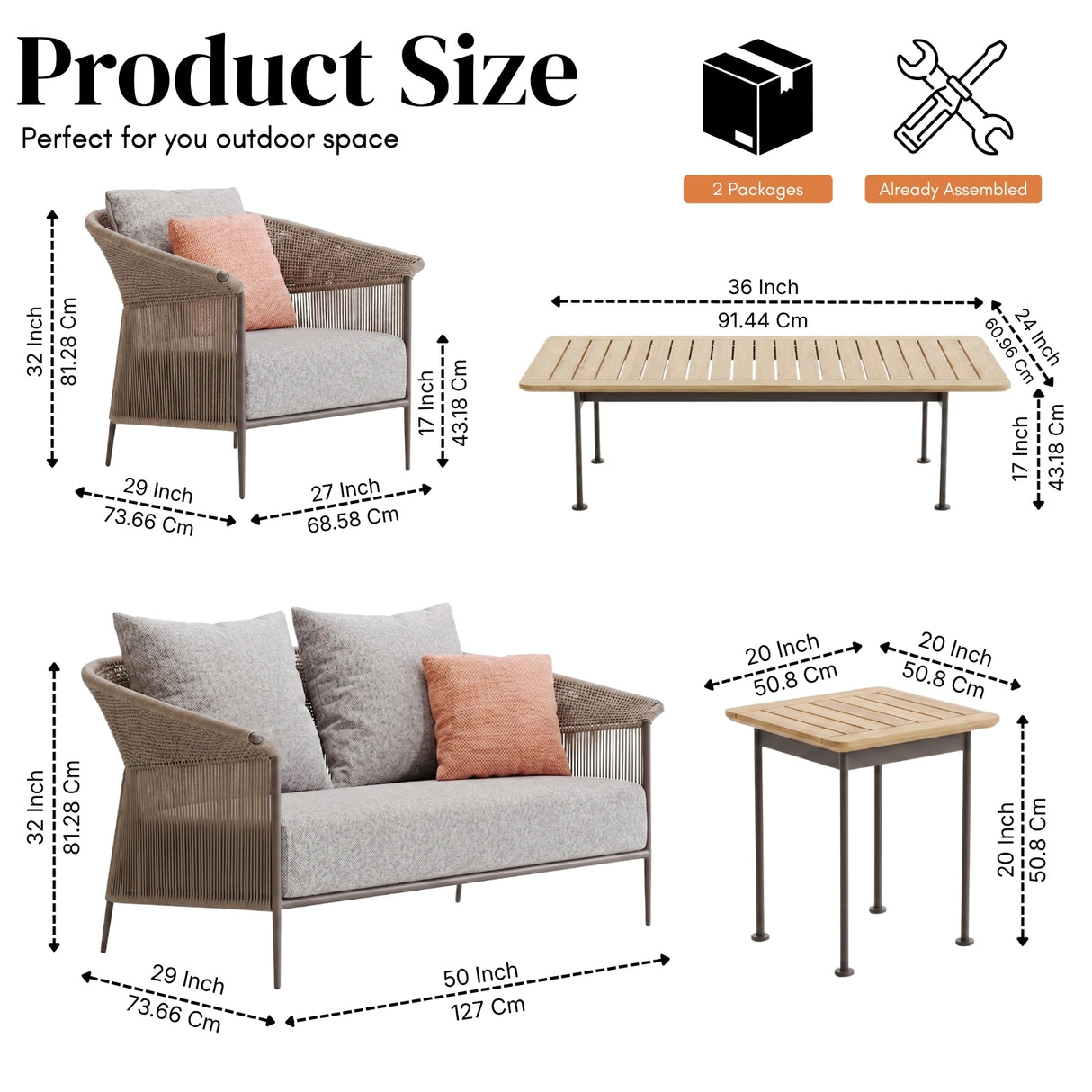Outdoor Rope Patio Sofa Set with Cushions & Wooden Top Tables