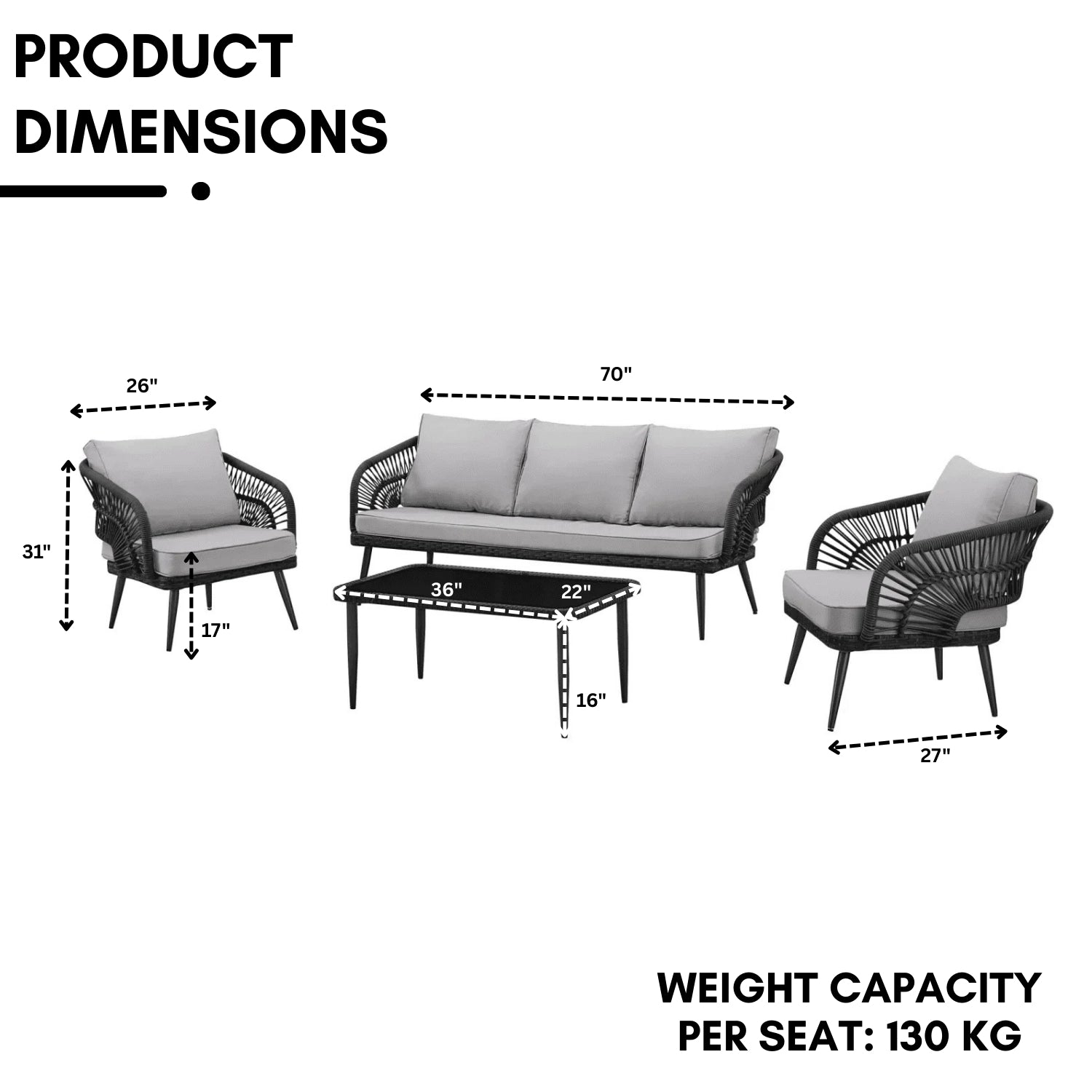 Outdoor Rope Conversation Patio Sofa Set (Black /Light Grey)