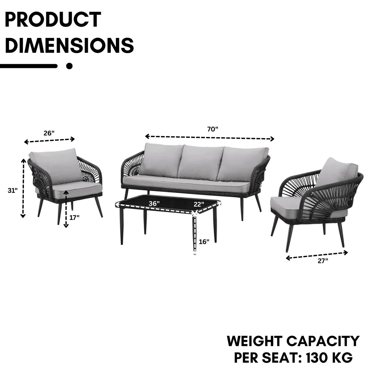 Outdoor Rope Conversation Patio Sofa Set (Black /Light Grey)