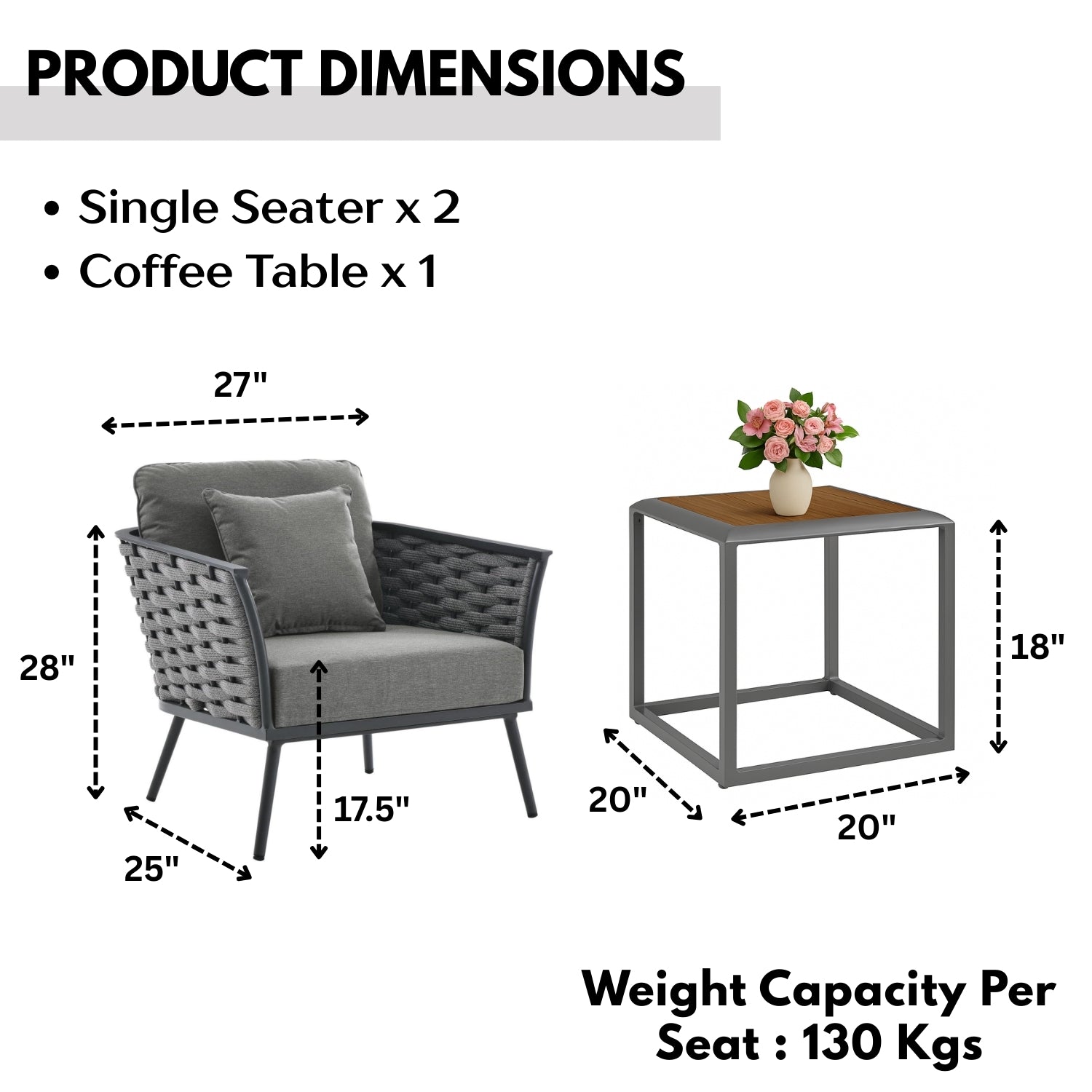 Outdoor Rope 3-Piece Patio Set With Wooden Top Table