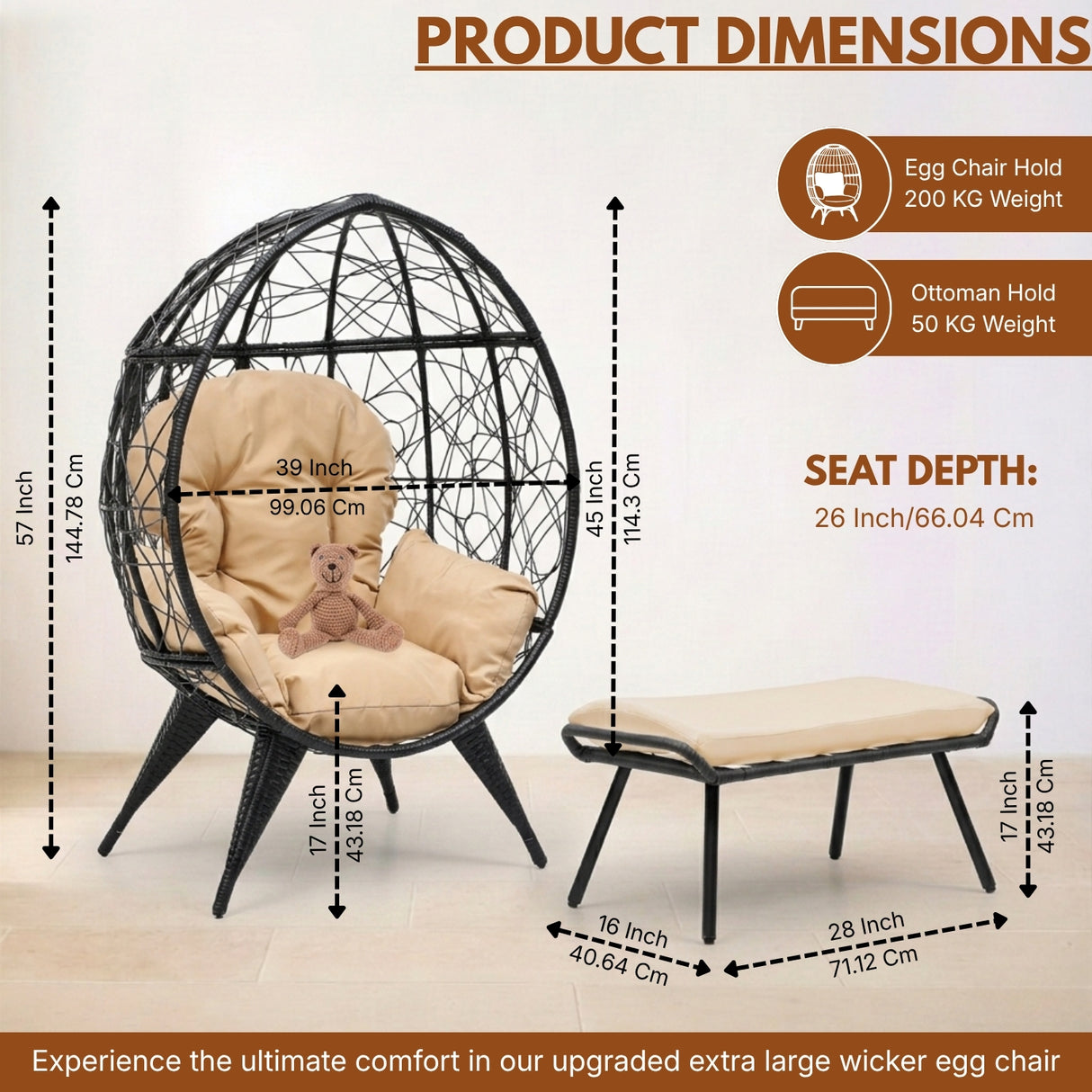 Outdoor Wicker Egg Chair with Ottoman (Black & Beige)