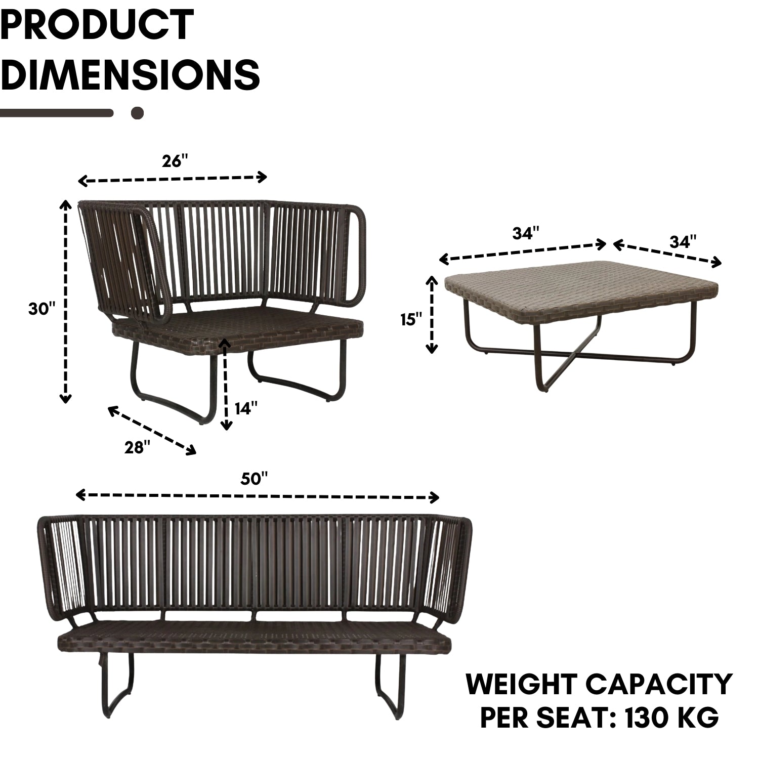 Outdoor Rope 4-Piece Patio Sofa Set with Wicker Top Table (Brown & White)