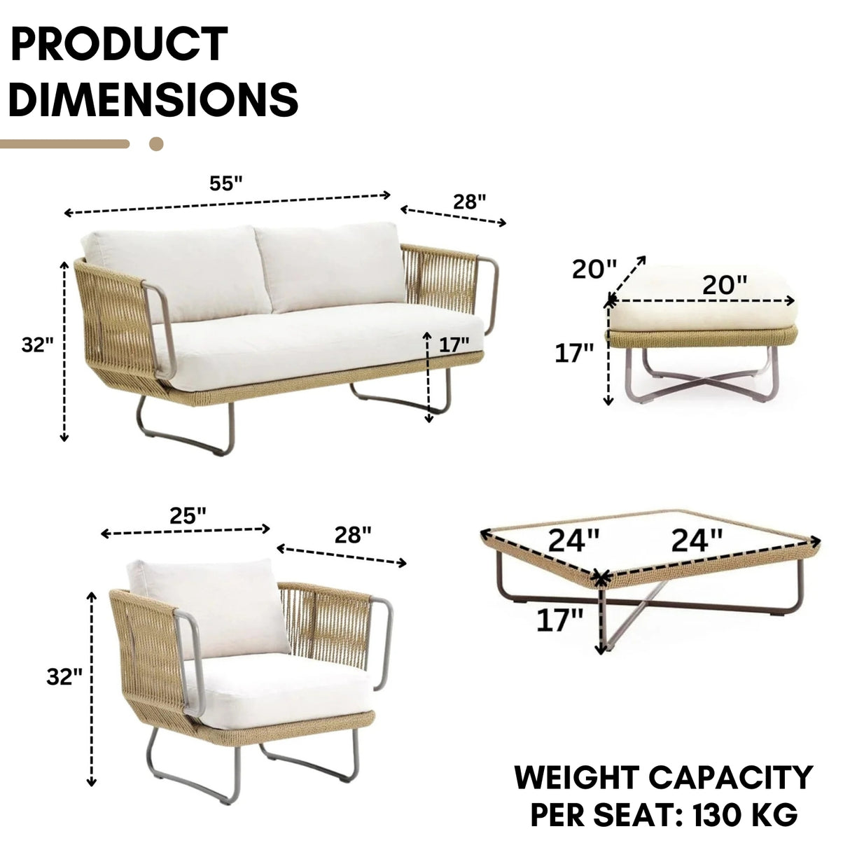 Outdoor 5pcs All-Weather Rope Sofa Set with Cushions (Beige & White)
