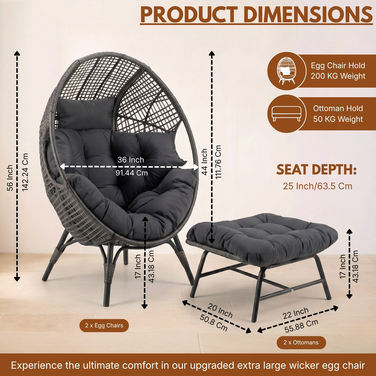 4-Piece Outdoor Wicker Egg Chair Set with Ottomans (Black & Dark Grey)