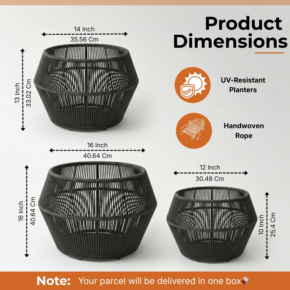 Outdoor 3-Piece Round Rope Planters (Grey)
