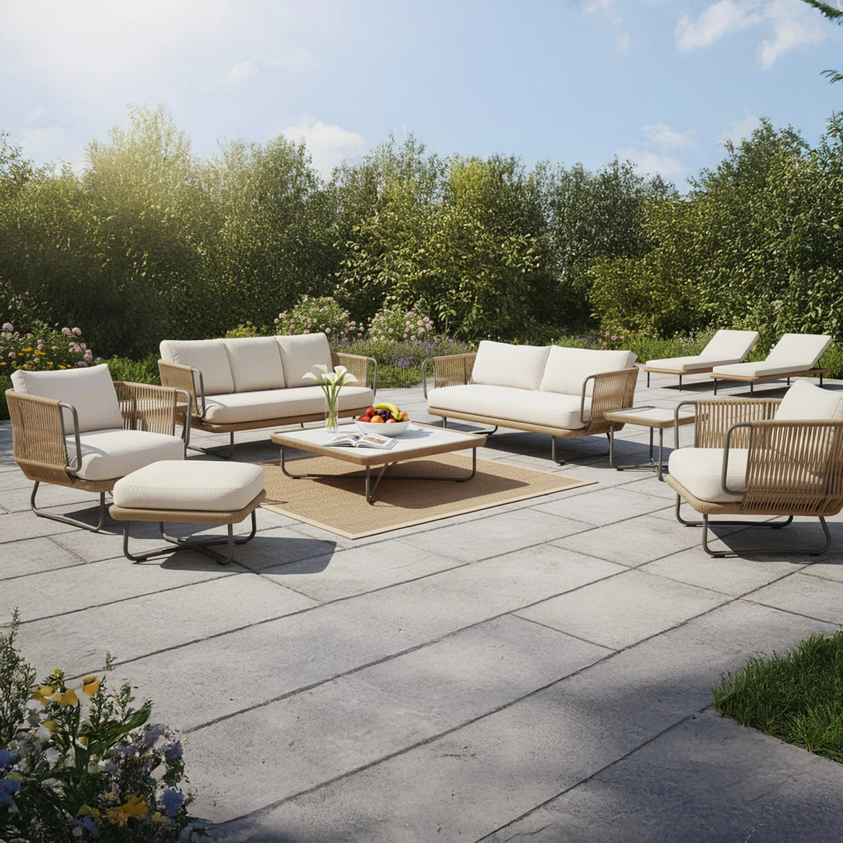 10 Seater Outdoor Rope Sofa Set with Ottoman, Loungers, Center Table & Side Tables