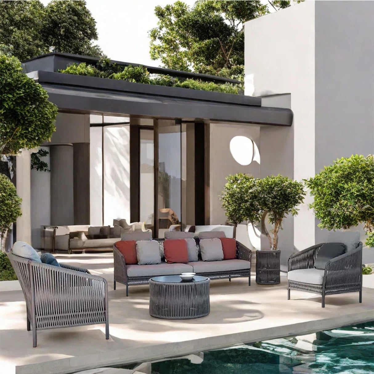 Outdoor 5 Seater Rope Patio Sofa Set with Center Table and Side Table