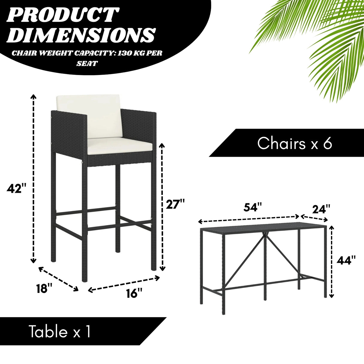 7-Piece Outdoor Rattan Wicker Bar Set without Glass Top Table