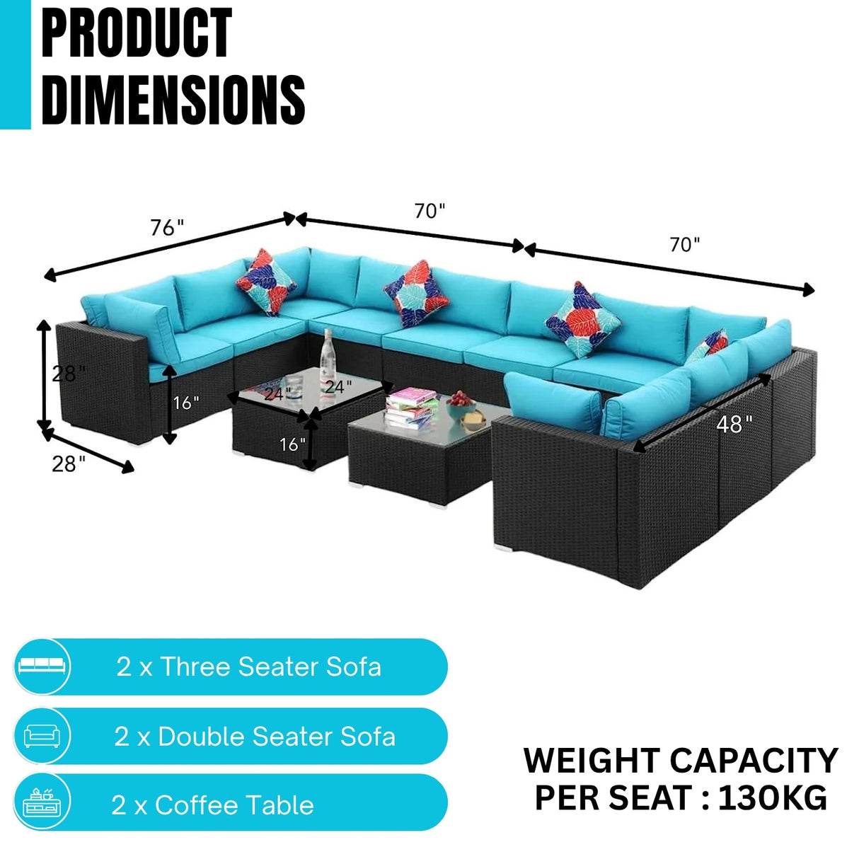6-Piece Outdoor Wicker Sofa Set (Black/Sky-Blue)