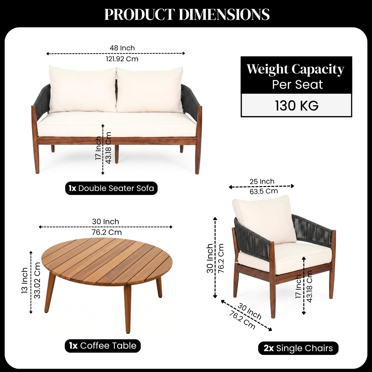 Outdoor Rope Sofa Set with Round Slatted Coffee Table (Black & Off-White)