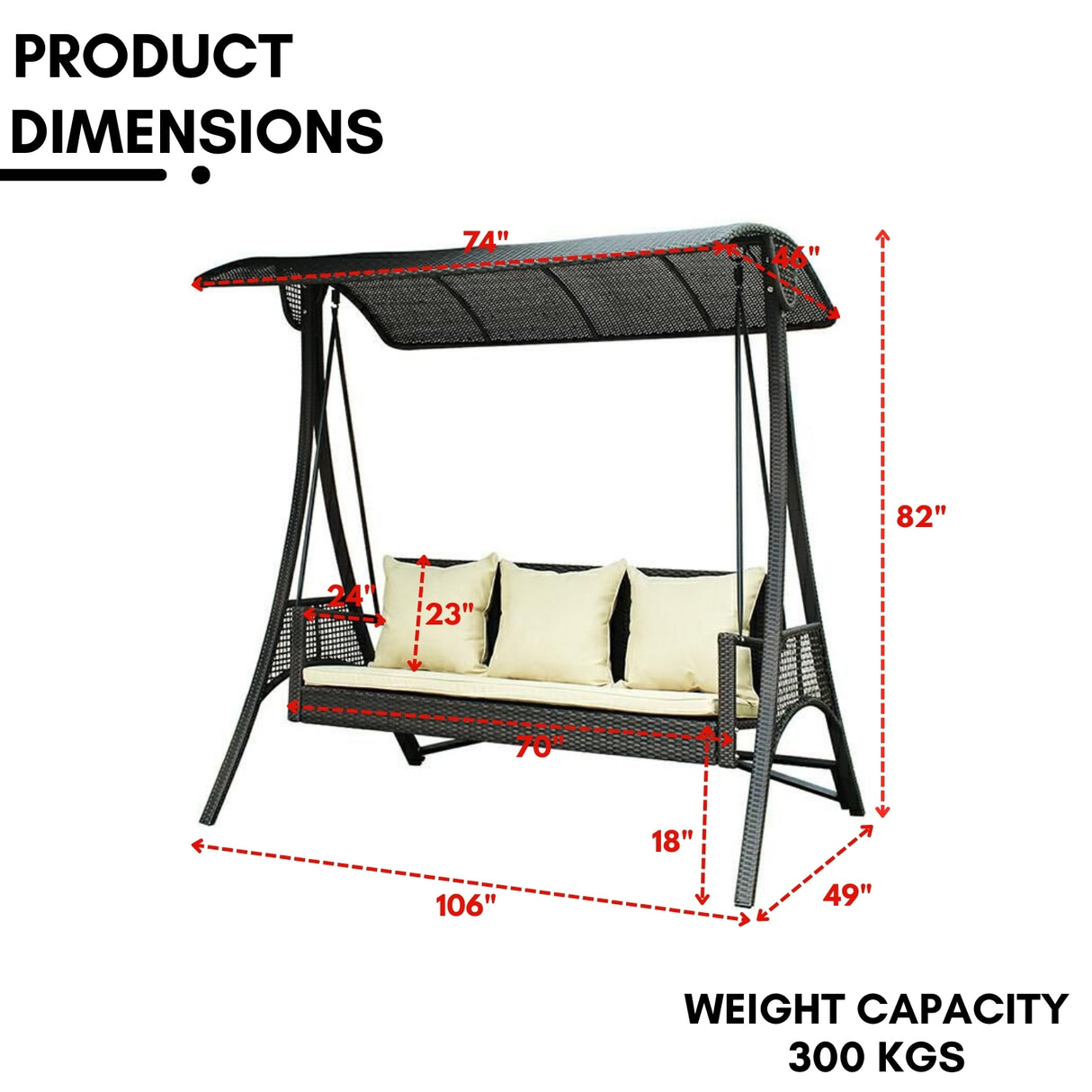 All-Weather Outdoor Rattan Wicker 3-Seat Patio Swing Chair with Shade