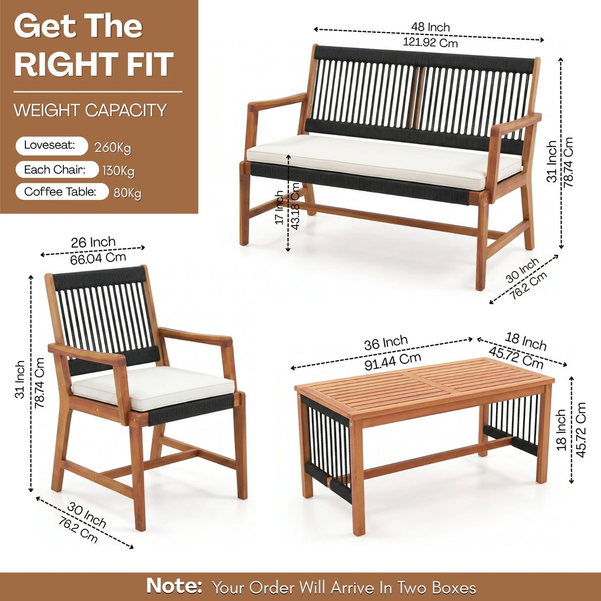 Outdoor Rope & Teak Wood 4-Piece Sofa Set (Black & White)