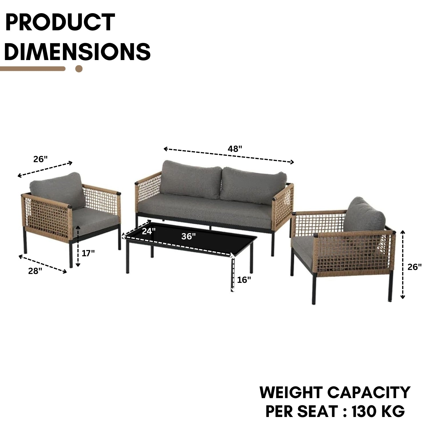 Outdoor Rope 4 Piece Sofa Set (Beige & Grey)