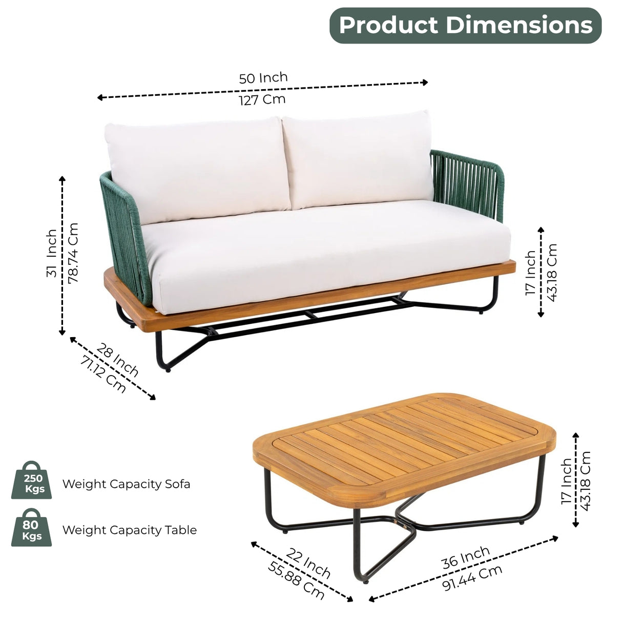 Outdoor Rope 2-Seater Sofa Set with Wooden Base & Slatted Wooden Coffee Table