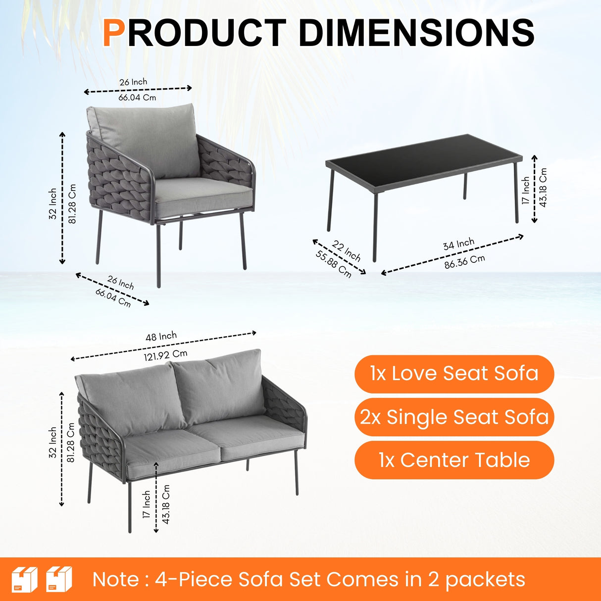 Outdoor Rope Sofa Set With Glass Top Table