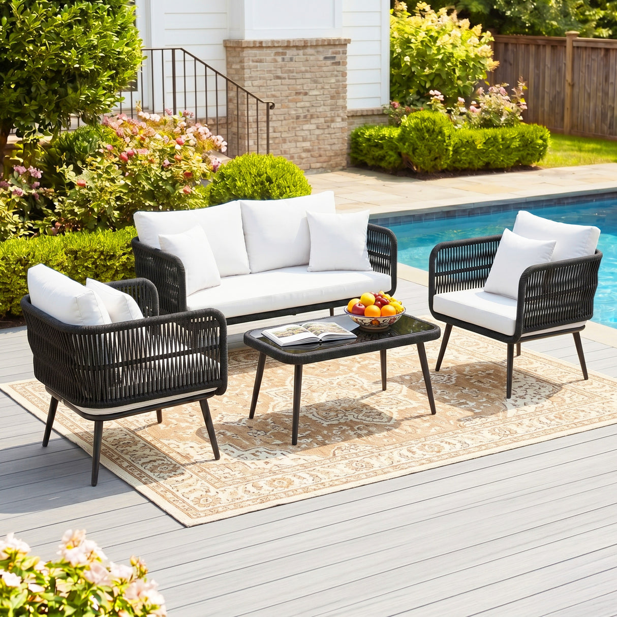 Outdoor Rope 4 Seater Conversation Furniture Set (Black & White)