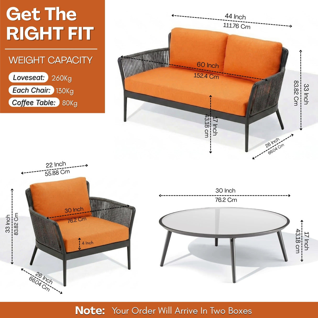 4-Piece Outdoor Rope Patio Furniture Set with Glass Top Table (Grey & Orange)