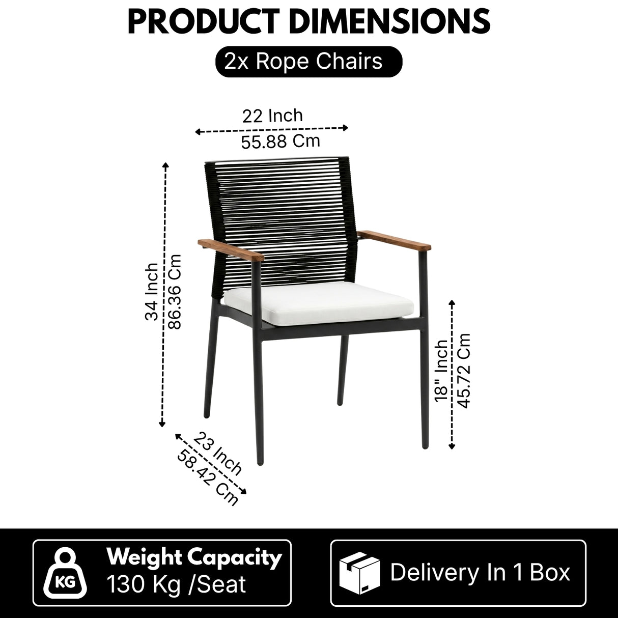 Modern Outdoor Rope Chairs with Wooden Armrests & Cushions (Black & White)