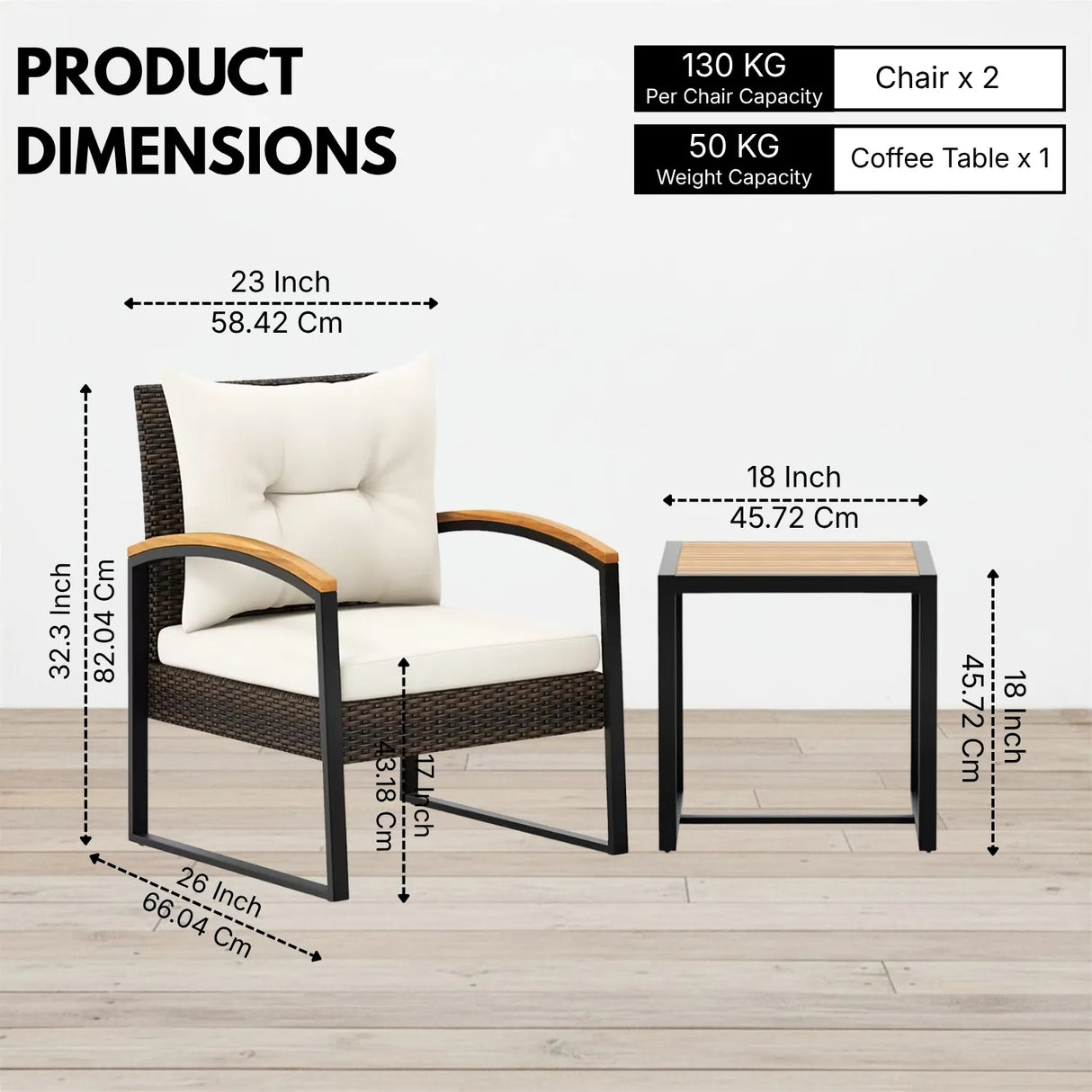 Outdoor Wicker Patio Chair Set with Wooden Armrests & Table