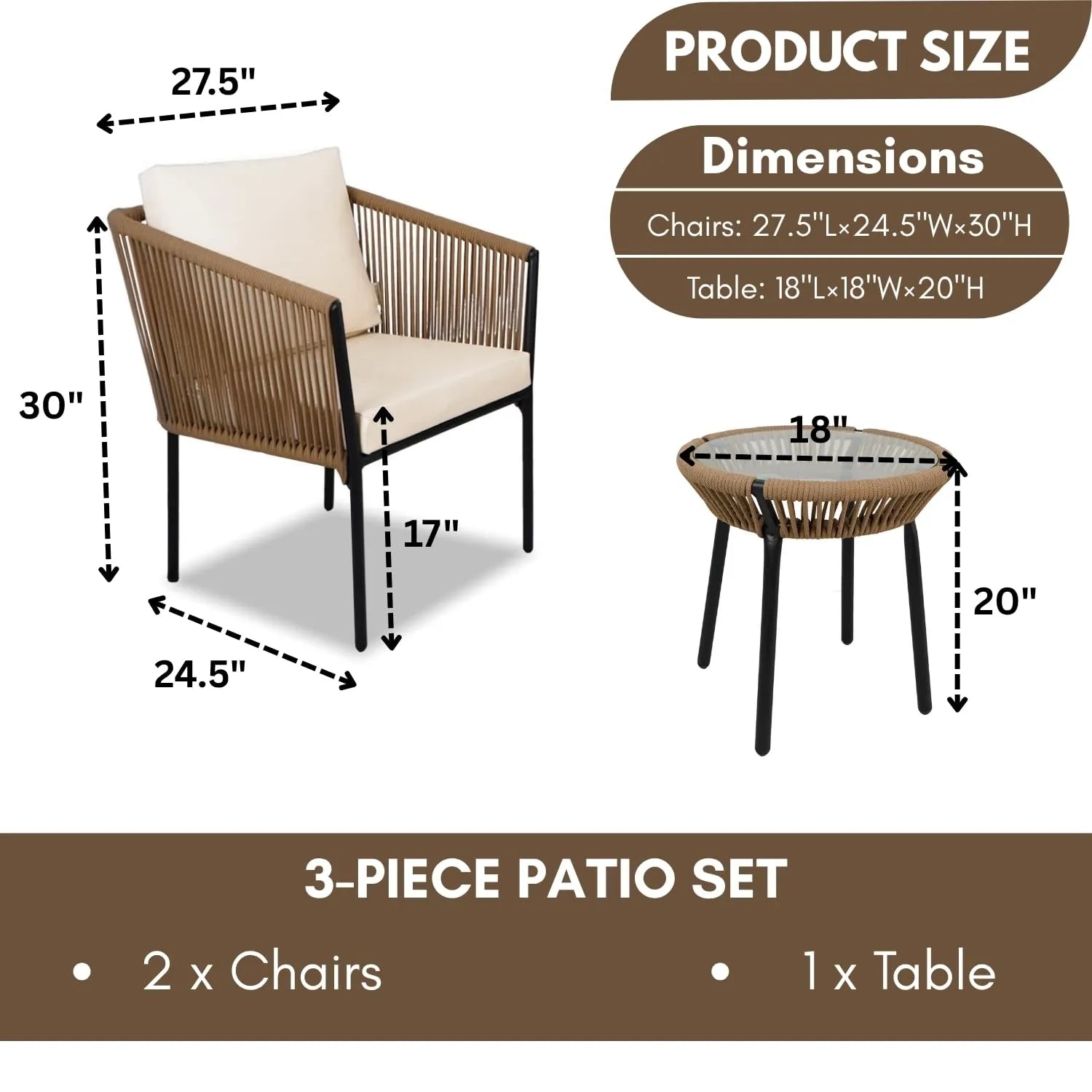 Outdoor Rope Patio Set with Glass Top Table