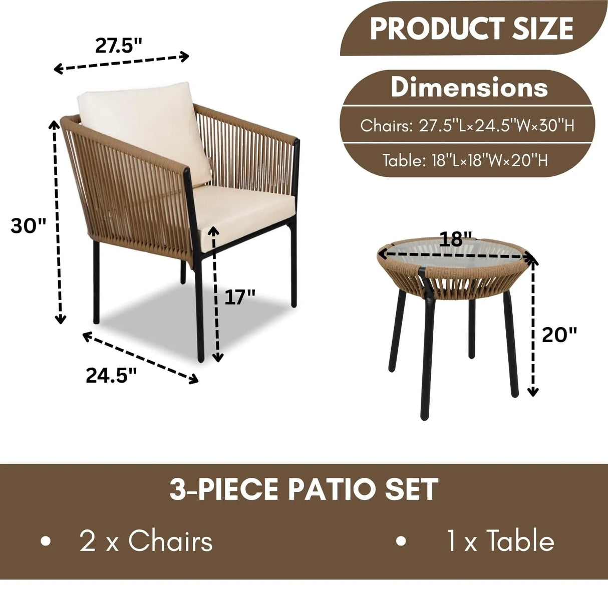Outdoor Rope Patio Set with Glass Top Table