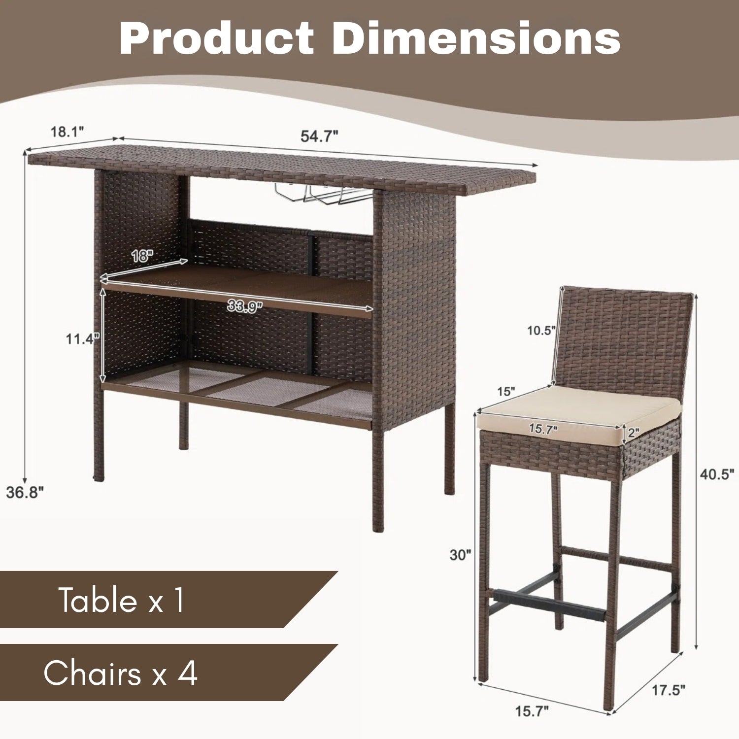 5-Piece Outdoor Rattan Wicker Bar Set with Wicker Top Table