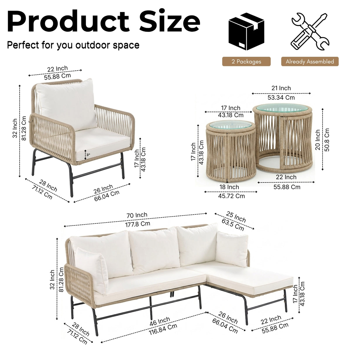 Outdoor L-Shape Rope Sofa Set (Beige & White)