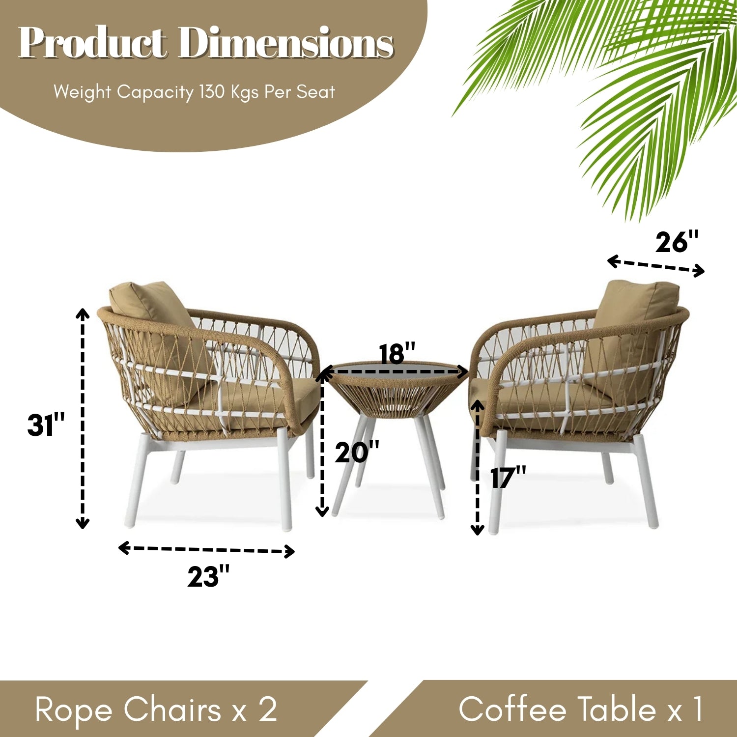 Outdoor Rope 3-Piece Patio Set (Beige & Dark Cream)