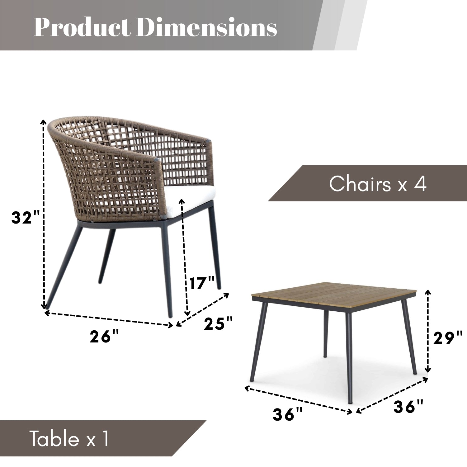 5-Piece Outdoor Patio Dining Set With Wooden Tabletop