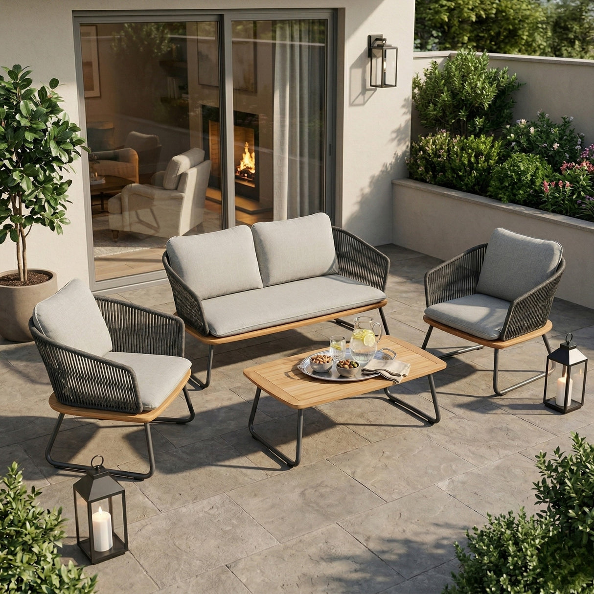 Outdoor Rope 4-Piece Sofa Set With Wooden Top Table