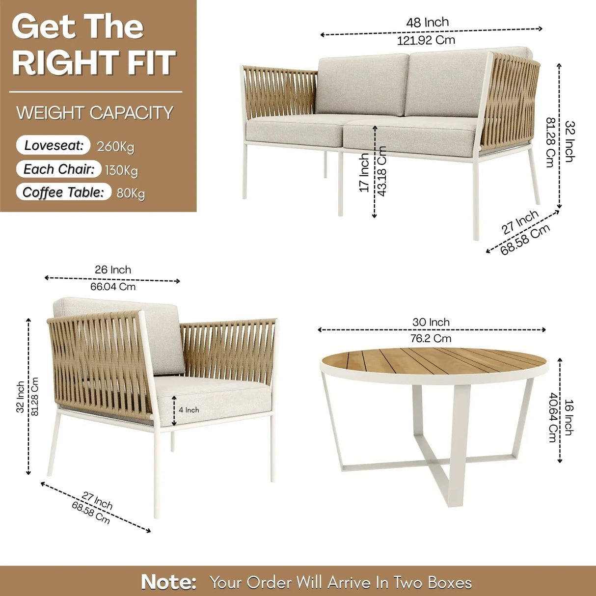 Outdoor Rope 4-Piece Sofa Set with Wooden Top Round Table