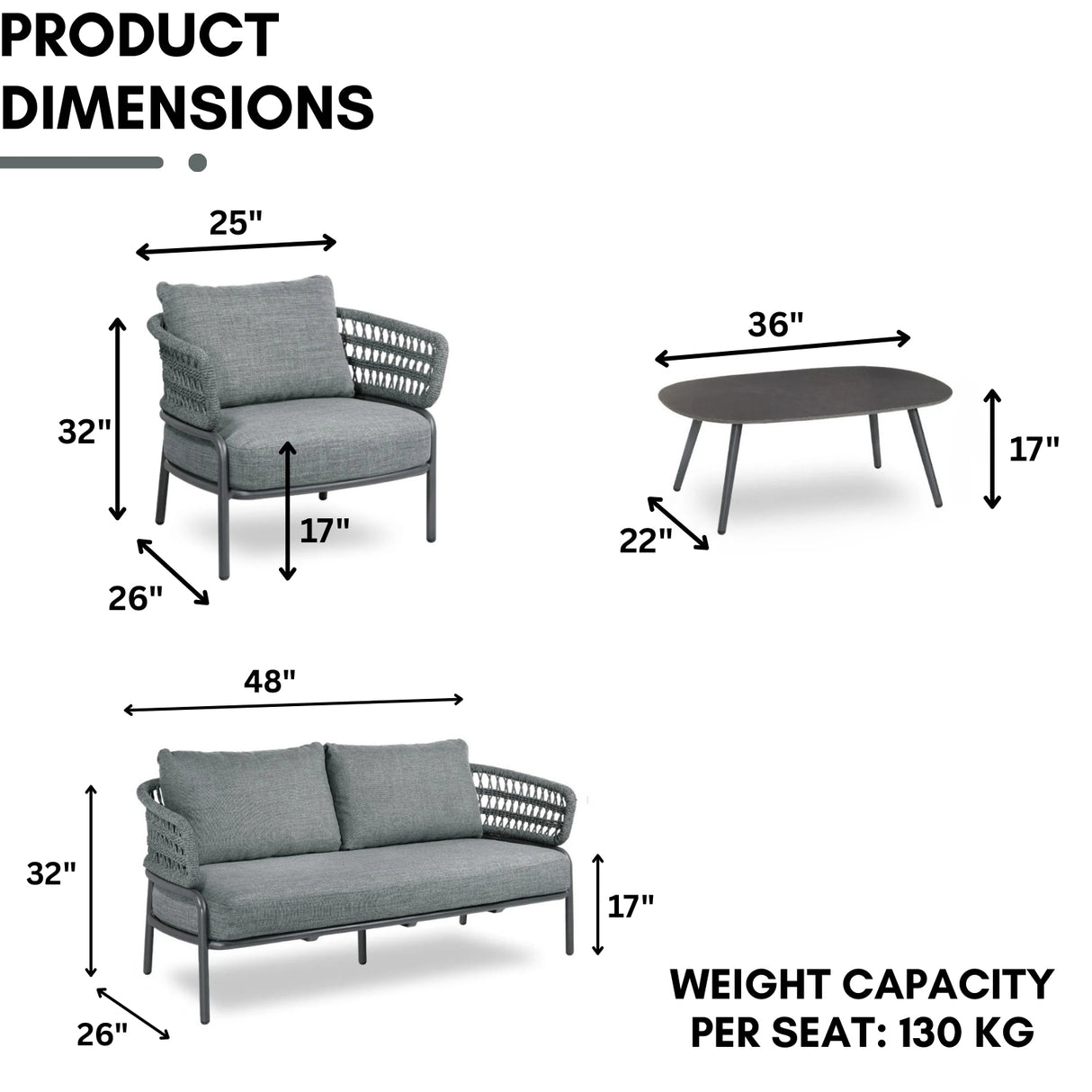 Outdoor Rope 4-Piece Patio Sofa Set with Glass Top Table (Grey)