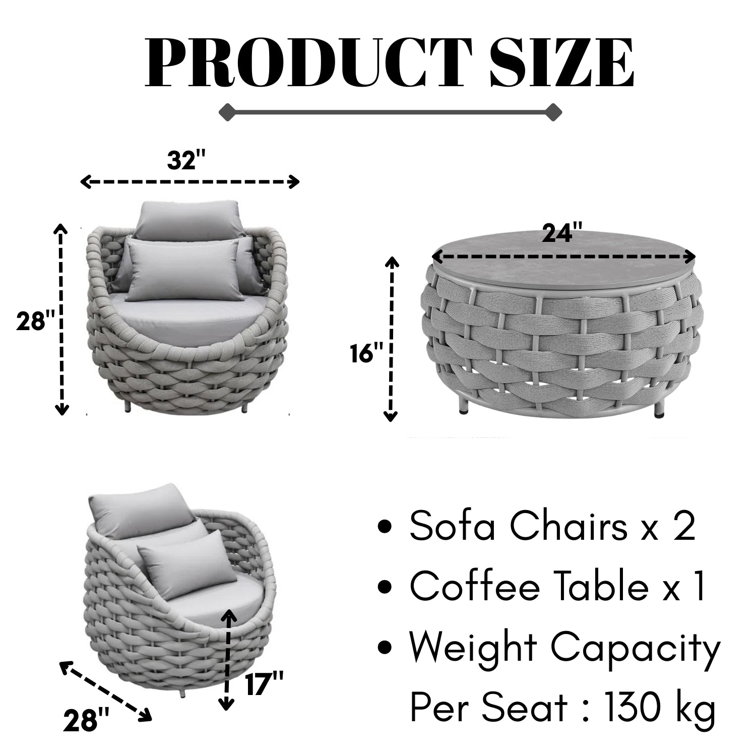 Bird’s Nest Shape 3-Piece Hand-Woven Rope Patio Set