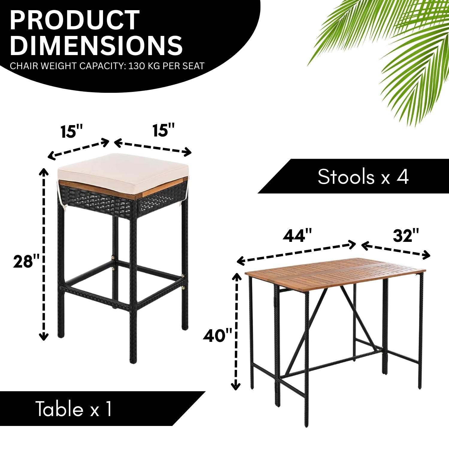 5-Piece Outdoor Rattan Wicker Bar Set with Wooden Top Table