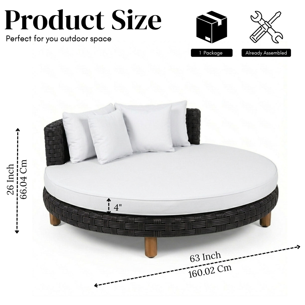 Outdoor All-Weather Rattan Wicker Round Daybed (Black & White)