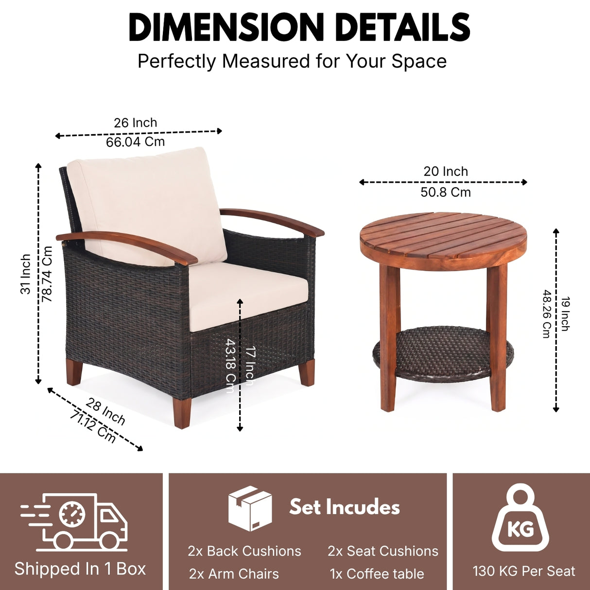 3-Piece Outdoor Wicker Patio Conversation Set (Dark Brown & Cream)