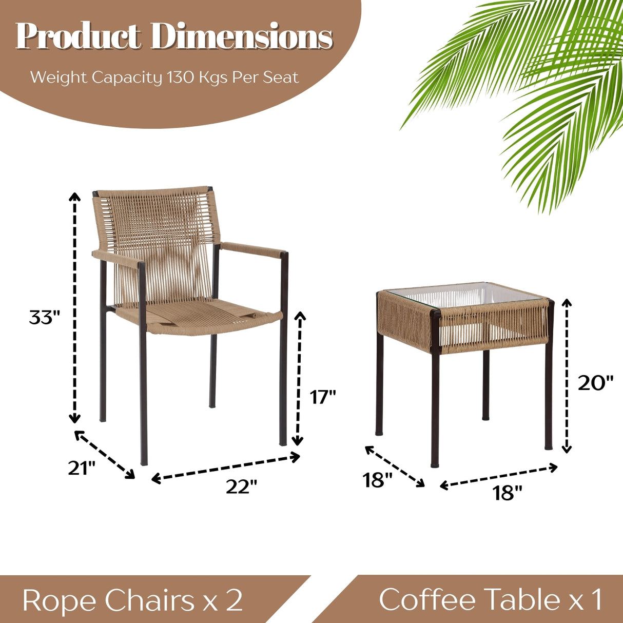 Outdoor Rope 3-Piece Patio Set (Beige)
