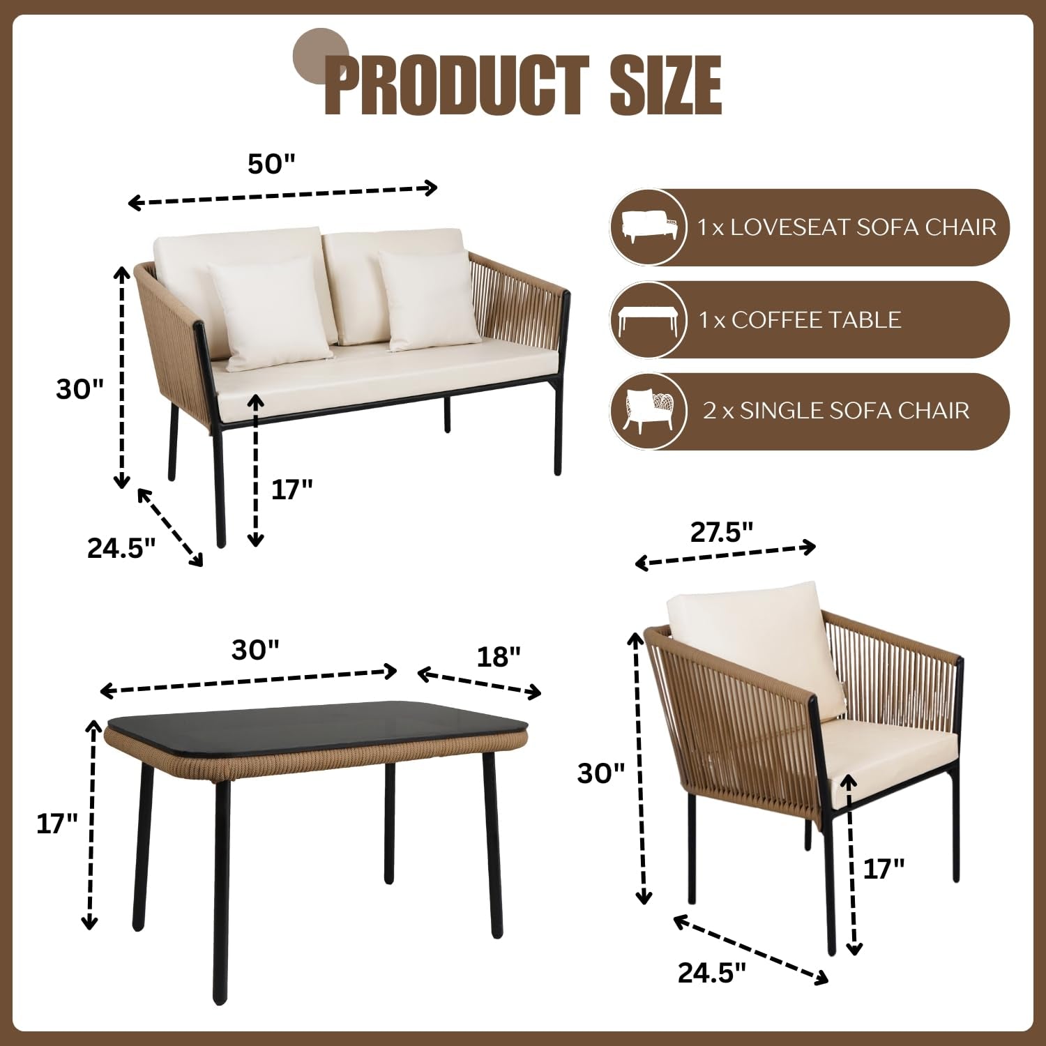Outdoor 4 Seater Rope Sofa Set