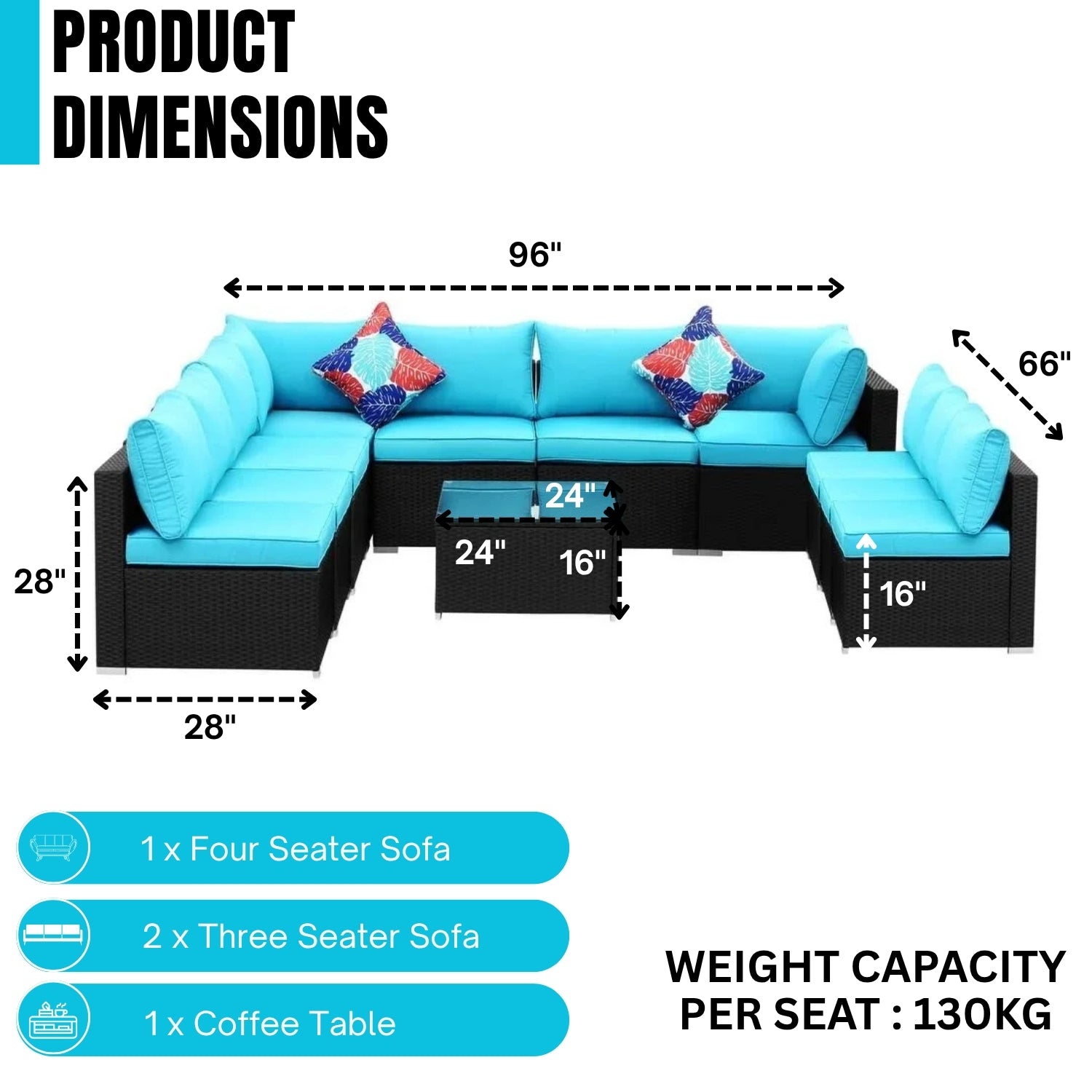 Outdoor Garden Conversation Sofa Set (Black/Sky-Blue)