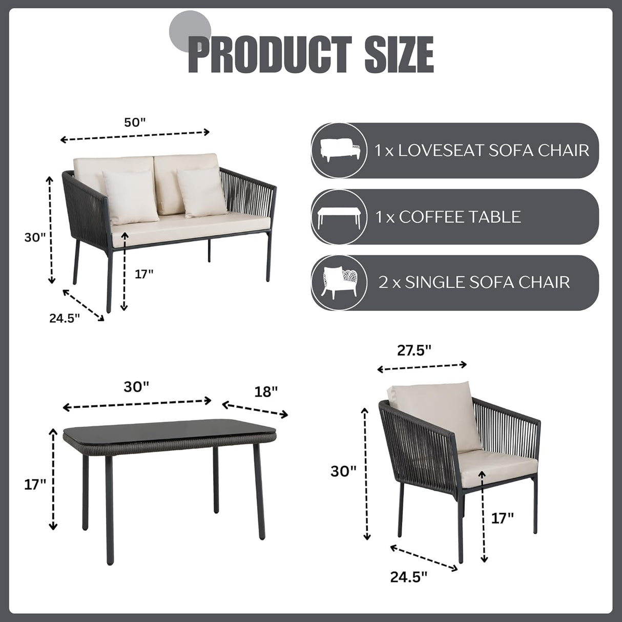 Outdoor 4 Seater Rope Sofa Set