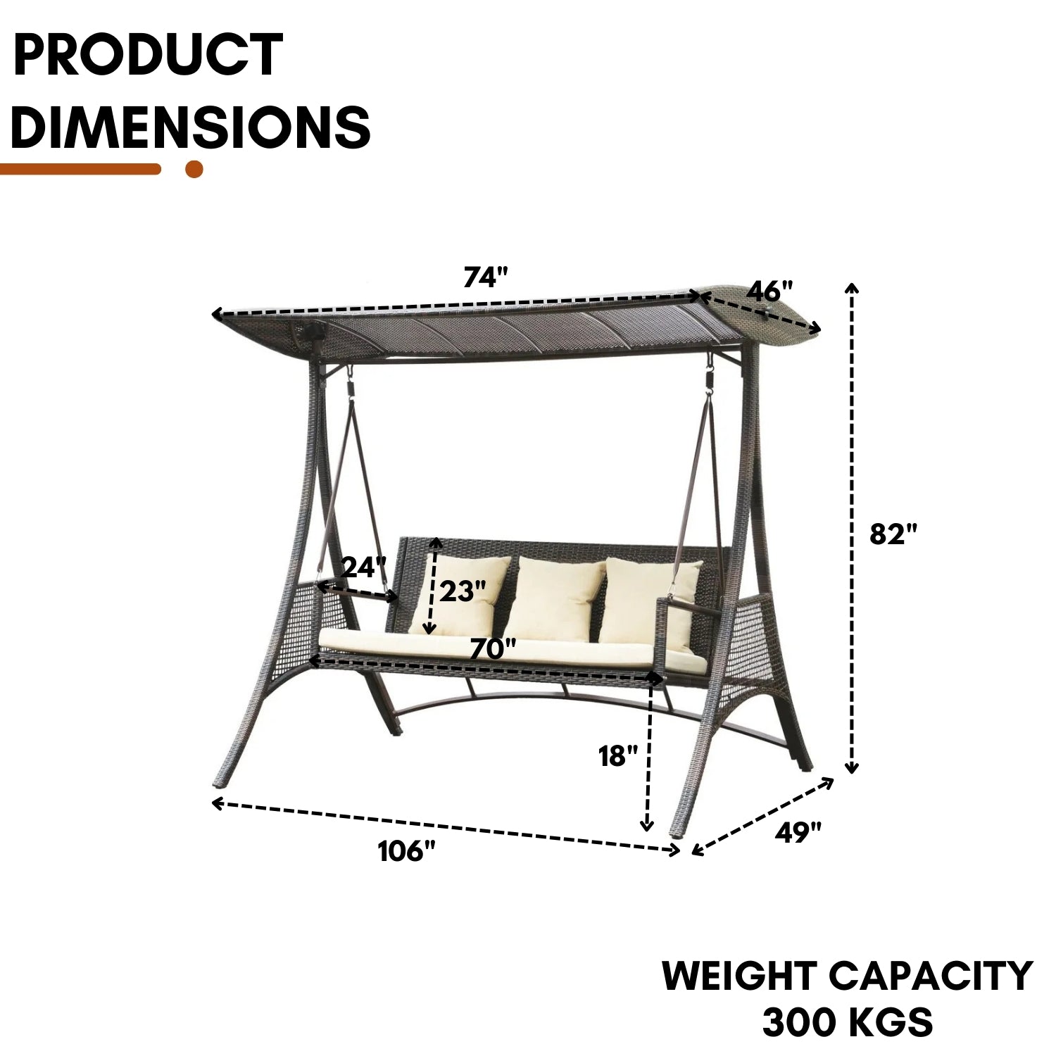 Outdoor Rattan Wicker 3-Seat Patio Swing Chair with Shade & Cushions